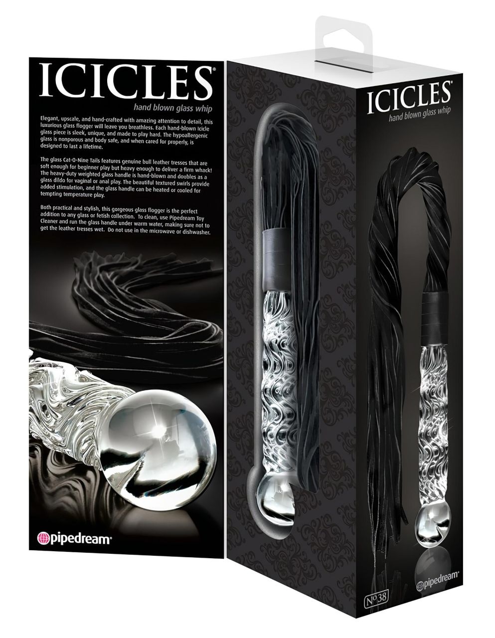 Icicles No. 38 - bőr korbácsos üveg dildó (áttetsző-fekete)