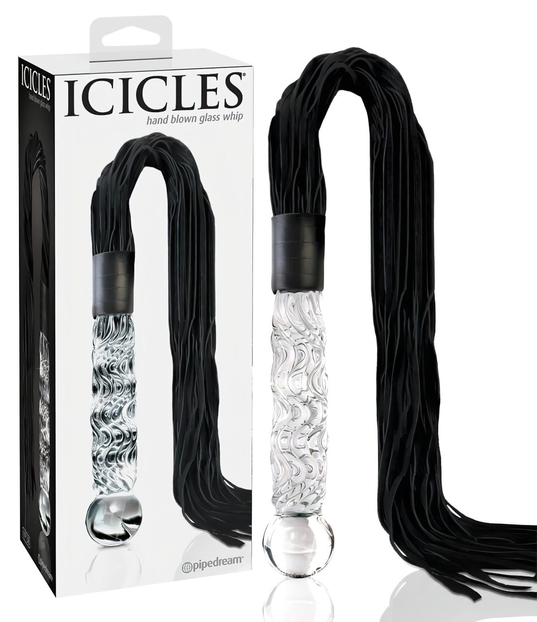 Icicles No. 38 - bőr korbácsos üveg dildó (áttetsző-fekete)