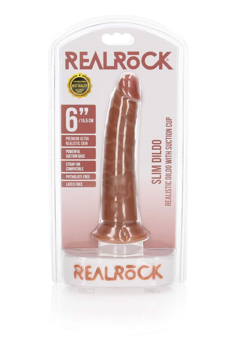 RealRock Slim - tapadótalpas realisztikus dildó 15,5cm (sötét natúr)